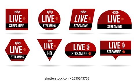 Conjunto de iconos de streaming de vídeo en vivo logotipo tv news banner interface.Símbolos rojos menor tercera plantilla broadcast.Conjunto rojo de etiquetas de medios sobre fondo transparente.