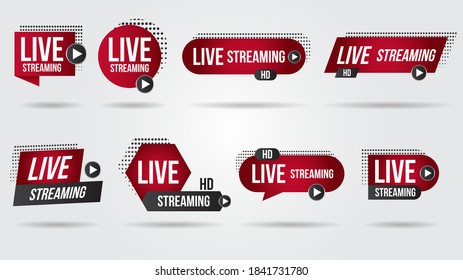Set of live video streaming icons logo tv news banner interface.Red symbols lower third template broadcast.Red set of media labels on transparent background.