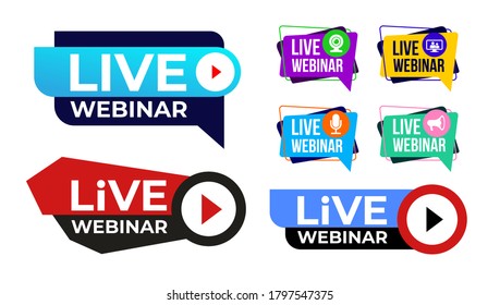 Set of live webinar colored button, icon, emblem label. Vector illustration. Isolated on white background.