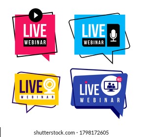 Set of live webinar colored button, icon, emblem label. Simple element illustration concept. Vector illustration. Isolated on white background.