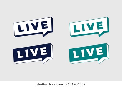 Set of Live Webinar Sign in Isometric Style with Navy and Green Live Button Badges on Light Background for Stream or Broadcast Overlay Use.