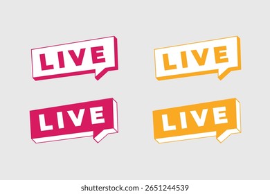 Conjunto de estilo isométrico Iniciar sesión de seminario web en vivo con insignias de Botón en vivo de color rosa y amarillo sobre fondo claro para uso de transmisión o superposición.