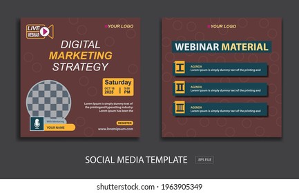  set live webinar social media template, with color brown and yellow for online webinar, conference, training, seminar, course and learning video.