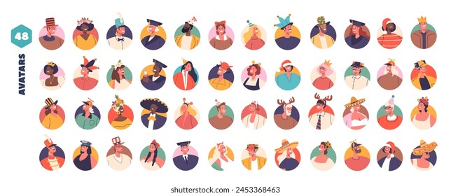 Set of Lively Character Avatars in Funny Hats, Creating A Comical And Cheerful Visual Celebration Of Individuality