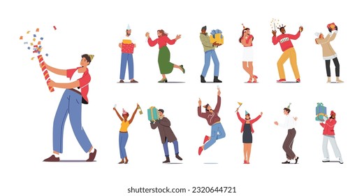 Set of Lively Gathering Of Characters, Joyfully Celebrating, Dancing, And Socializing Together In A Vibrant Atmosphere Filled With Music, Laughter, And Merriment. Cartoon People Vector Illustration