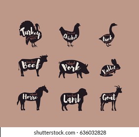 Set of livestock animals. Meat shop labels or emblems