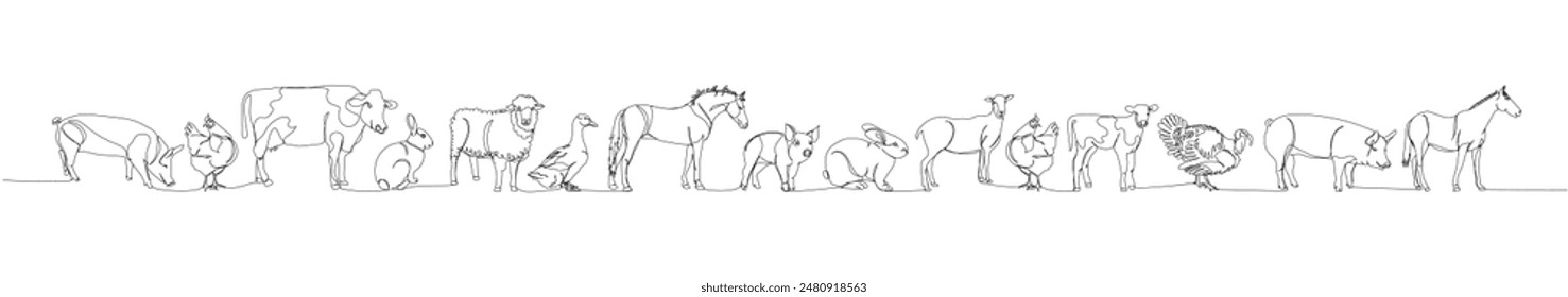 set of livestock, horse, chicken, pig, turkey, rabbit, cow, sheep one line art. Continuous line drawing of farm, nature, agriculture, farm animals, rural life, ranch.