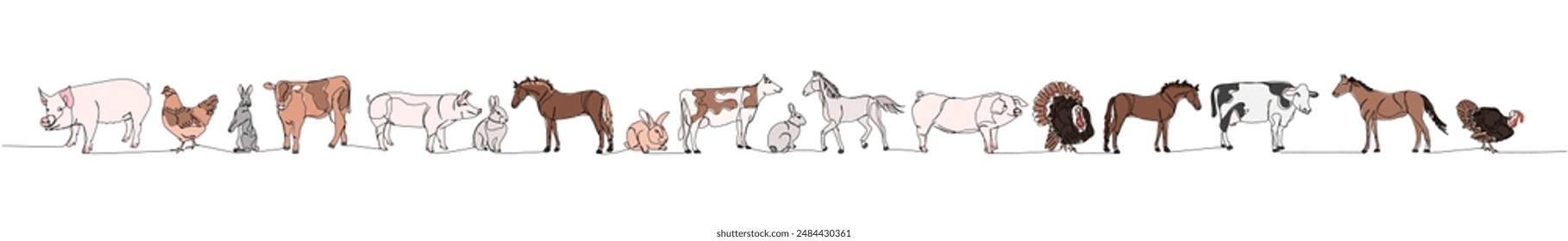 set of livestock, horse, chicken, pig, turkey, rabbit, cow, sheep one line color, colored art. Continuous line drawing of farm, nature, agriculture, farm animals, rural life, ranch.