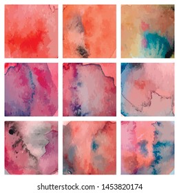 Set of living coral watercolor hand painted square shapes isolated on white. Illustration for artistic design. Vector illustration.