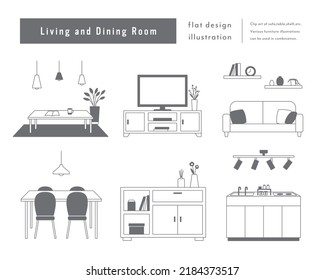 Set of living and dining room illustrations.
There are illustrations of tables, TV stands, sofas, dining tables, shelves, island kitchens, etc.