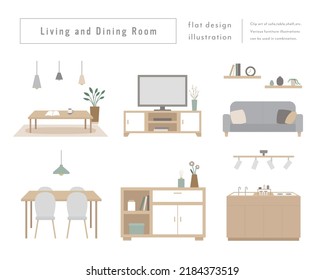 Conjunto de ilustraciones de salón y comedor.
Las mesas, los puestos de televisión, los sofás, las mesas de comedor, las estanterías, las cocinas de la isla, etc.
