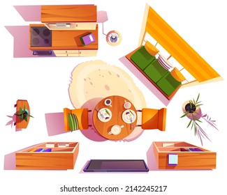 Set of living or dining room with kitchen furniture and stuff top view. Round table served with food, chairs and tv, wooden bookcases, floor lamps, oval rag and potted plants, Cartoon vector icons