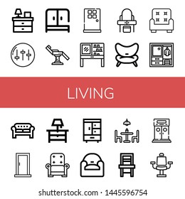 Set of living icons such as Bedside table, Equalizer, Wardrobe, Chair, Door, Dressing table, Armchair, Sofa, Night stand, Closet, Dining table, Entrance , living