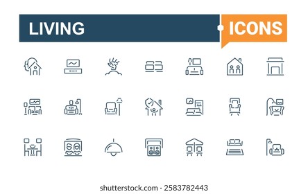 Set of Living line icons. Includes icons for home, bedroom, web, couch, sofa, eco, room and more. Set of line pictogram. Minimalist editable vector stroke.