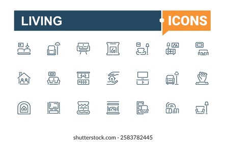 Set of Living line icons. Includes icons for home, bedroom, web, couch, sofa, eco, room and more. Set of line pictogram. Minimalist editable vector stroke.