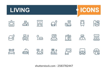 Set of Living line icons. Includes icons for home, bedroom, web, couch, sofa, eco, room and more. Set of line pictogram. Minimalist editable vector stroke.