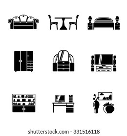 Set of Living Room freehand icons with - sofa, dining table, bed, cupboard, mirror, tv, bookshelf, working table, vases with picture. Vector