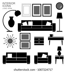 Set of Living Room Furniture. Black Simple Icons isolated on White Background. Vector Illustraion. Sofa, Armchair, Lamp, Picture Frames, Decorative Mirror, Coffee Table. Interior Design Elements