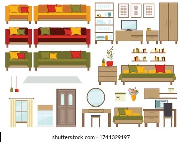 set of living room furniture (sofa, armchair, table, window, lamps, houseplants, TV, carpet, window, paintings, bookshelves,bed, computer desk, showcase, door). flat style, vector illustration