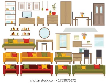 set of living room furniture (sofa, armchair, table, window, lamps, houseplants, TV, carpet, window, paintings, bookshelves,bed, computer desk, showcase, door). flat style, vector illustration
