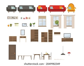 set of living room furniture (sofa, armchair, table, window, lamps, houseplants, TV, carpet, window, paintings, bookshelves). flat style, vector illustration