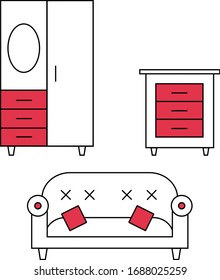  set of living room icons with red elements