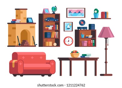 Set living room interior furniture collection. Different design elements. Home accessories concept. Flat. Vector illustration.