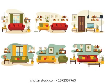 set of living room interior with furniture, TV, table, shelves with books and home flowers, floor lamp. flat cartoon vector illustration