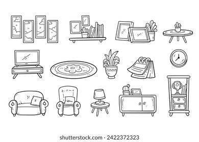Set of living room interior hand-drawn outline sketch vector illustration set
