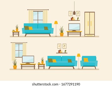 set with living room interiors, flat vector illustration of living room with furniture