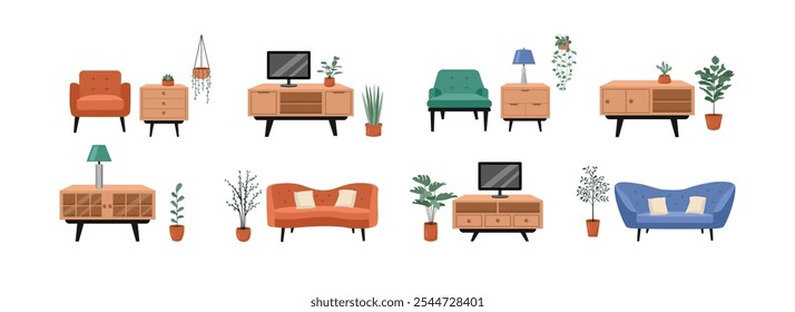 Conjunto de objetos da sala de estar. Coleção de ilustração de sala de estar. Mesa de TV. Moderno sofá. Planta suspensa. Sala de estar moderna. Objetos elegantes na sala de estar. 