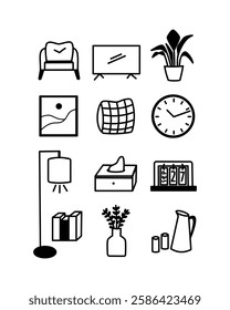 set of livingroom house housing decoration homeware interior homey icon icons elements illustrations sketch artline doodle sticker pack