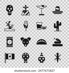 Set Lizard, Snake, Cactus, Margarita cocktail, Corn, Skull and Tequila glass with lemon icon. Vector