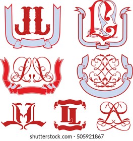Set of LL monograms and decorative emblem templates with two letters LL. Vector collection.