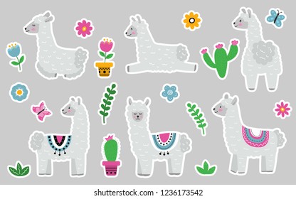 Set of llama alpaca stickers. Cute cartoon flowers, plants, butterfly and pots. Doodle style. Design for nursery. Vector illustration.