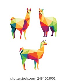 Set of Llama Alpacas in Colorful Polygonal Low Poly Vector. Colorful Abstract Vector of Llama Collection. Alpacas Llama Colorful Illustration logo