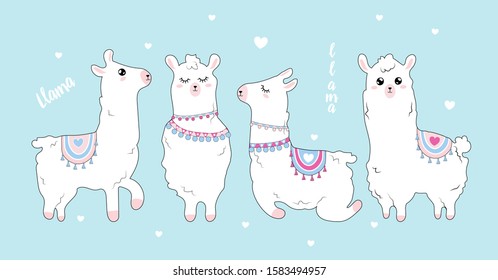 Set of llama, cute kids animals.Kawaii style