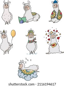 set with a llama in different poses and with objects, a book, a blanket, a thermometer