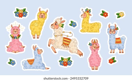 Set Of Llama Stickers Featuring Vibrant Colors And Playful Designs. Cute Illustrations Showcase Llamas In Various Poses