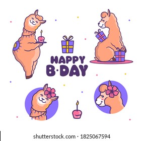 Set of llamas alpacas is on the birthday party. Cartoonish animals with boxes of gifts and sweet cupcakes. Good for t-shirt designs, parties, etc. Vector illustration