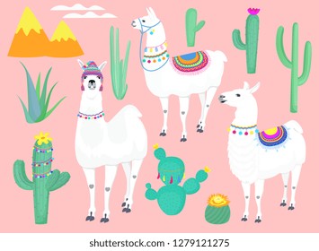 A set of llamas, cacti and decorative elements for nursery, design kids clothing, fabric, wrapping, textile.