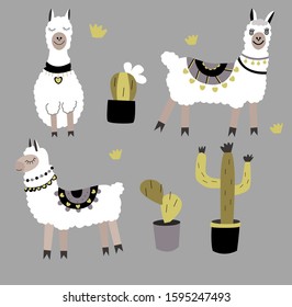 Set of llamas and cactuses isolated on grey background. Vector illustration