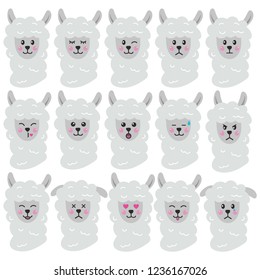 Set of llama's emotions, avatar. Animal facial expression. Cartoon style. Set of emoji smile characters. Isolated on white background. Vector illustration.