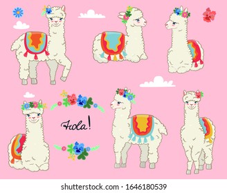 Set of llamas in spring floral wreaths. Lettering Hola. Vector graphics.