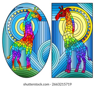 Set of llustrations in stained glass style giraffes abstract rainbow geometric background with sun, oval image