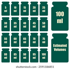 Set of l-mark liter signs for packaging. Labels for prepacked food and liquid products. Estimated volumes range from 5ml to 100ml.
Milliliters (ml) icons.