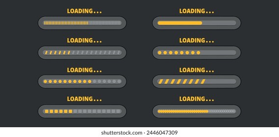 Set of load bar progress. Vector illustration of loading bar, level, scale, sound volume. Software tool. Speed upload or download. Panel switch control. Indicator of status download.