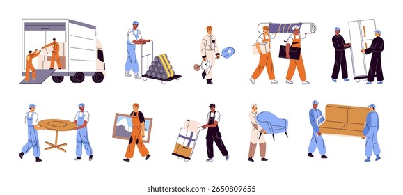 Conjunto de pessoas carregadoras. Os motoristas carregam caixas de papelão no caminhão. Os correios entregam pacotes de encomendas, carregam móveis para movimentação. Serviço de entrega. Ilustrações de vetor isoladas planas sobre fundo branco