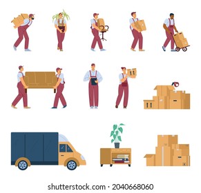 Set of loaders cartoon characters with cargo truck and piles of cardboard boxes, flat vector illustration isolated on white background. Moving company items collection.