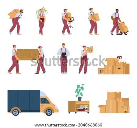 Set of loaders cartoon characters with cargo truck and piles of cardboard boxes, flat vector illustration isolated on white background. Moving company items collection.